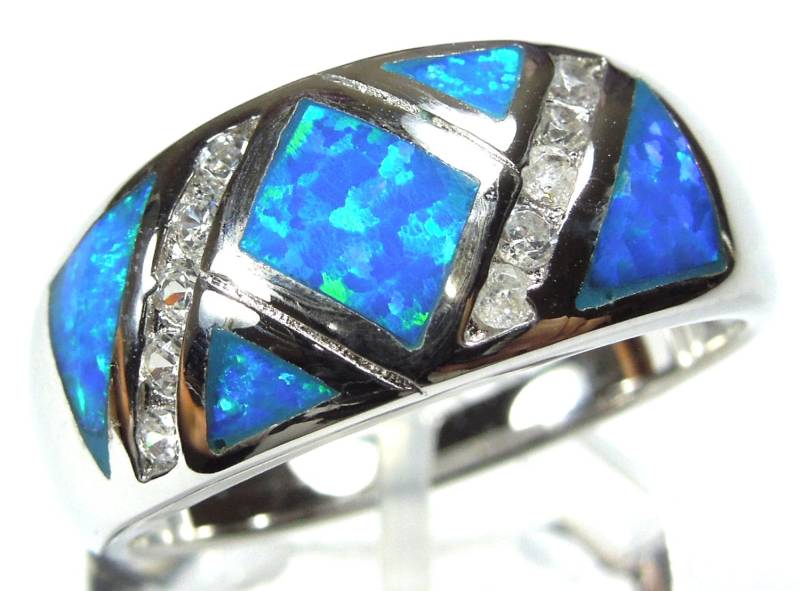 Blauer Feueropal Inlay Sterling Silber Ring Größe 6, 7, 8, 9 von 925usa