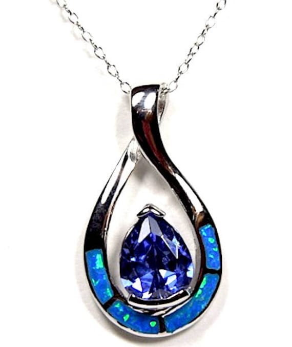 Blauer Feueropal & Tansanit Inlay 925 Sterling Silber Anhänger Halskette 45 cm von 925usa