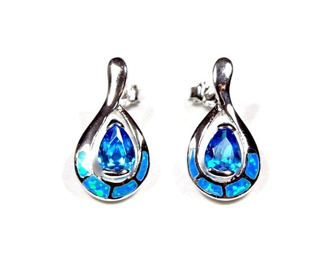 Blauer Topas & Feueropal Inlay Echt 925 Sterling Silber Ohrstecker von 925usa
