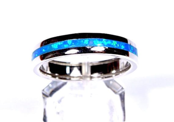 Blue Fire Opal Inlay Solid 925 Sterling Silber Herren, Frauen Eternity Ehering Ring Größen 5-13 von 925usa
