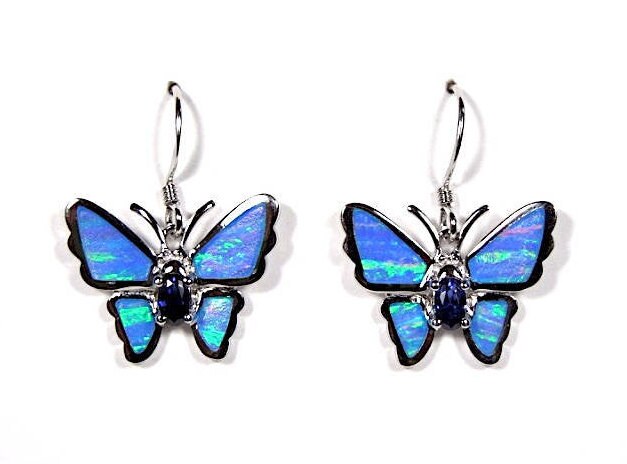 Blue Fire Opal & Tansanit Inlay 925 Sterling Silber Schmetterling Ohrringe. Kostenloser Versand in Die Usa von 925usa
