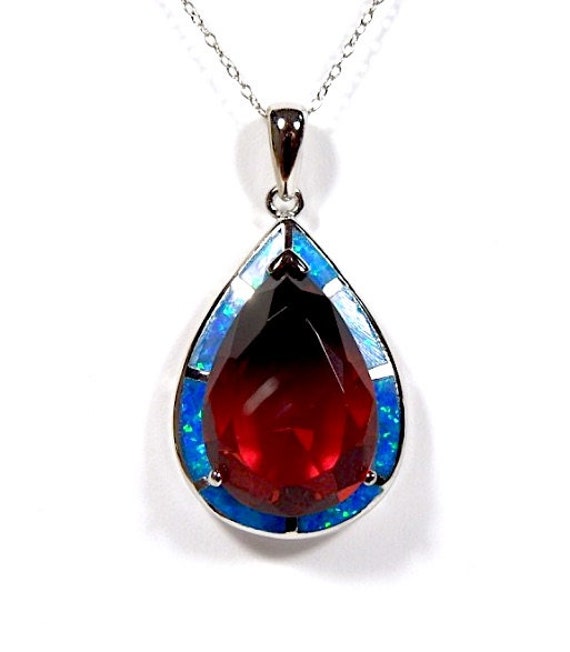 Blue Fire Opal & Turmalin Inlay 925 Sterling Silber Anhänger Halskette 18'''. Kostenloser Versand in Usa von 925usa