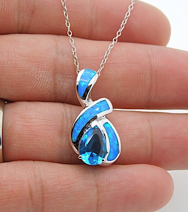 "Brandneue 18 "Halskette Mit 925 Sterling Silber Blautopas & Blauer Feueropal Inlay Anhänger. Kostenloser Versand in Usa." von 925usa