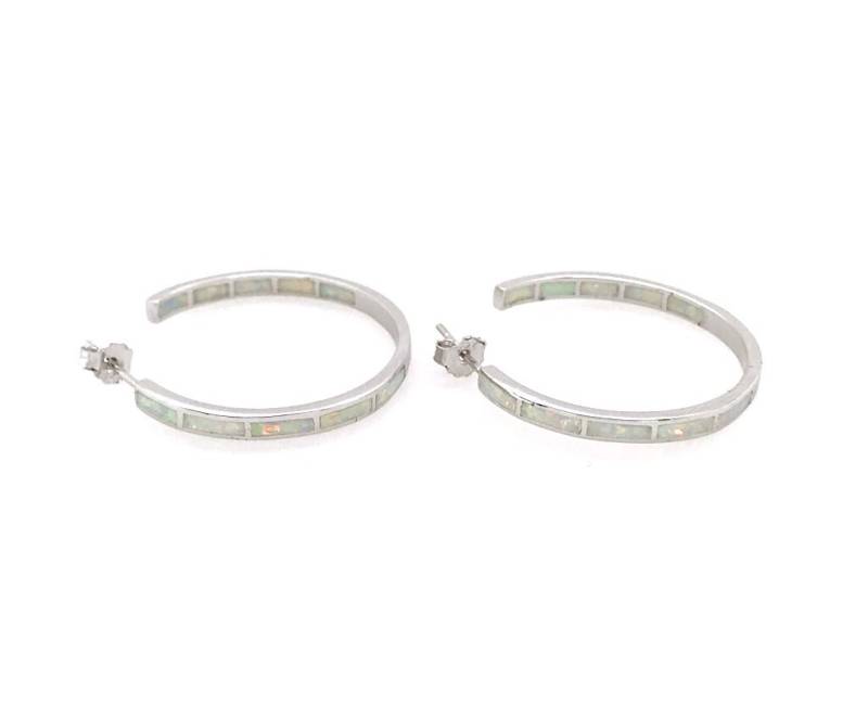 Creolen Ohrringe Mit Weißem Feueropal Inlay 1'' Breit 27 Mm, Massives 925 Sterling Silber von 925usa