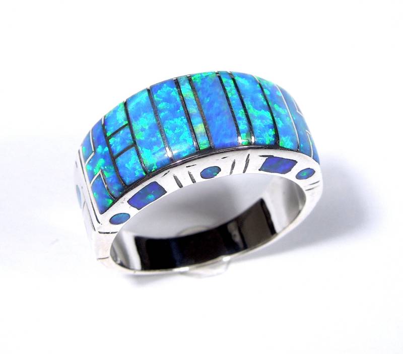 Handgefertigte Blauer Feueropal Inlay Echtes 925 Sterling Silber Herren Bandring Größe 9, 10, 11, 12 von 925usa