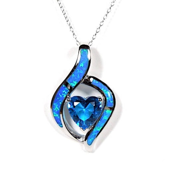 Herz Blautopas & Blauer Feueropal Inlay 925 Sterling Silber Anhänger 18 "'halskette. Kostenloser Versand in Usa von 925usa