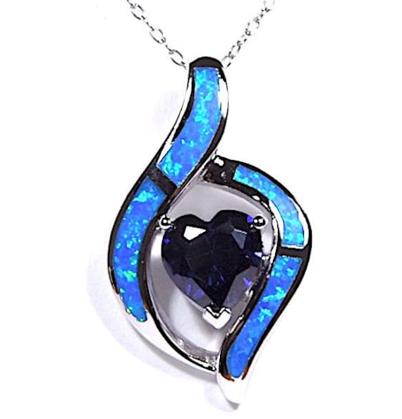 Herz Tansanit & Blauer Feueropal Inlay 925 Sterling Silber Anhänger Mit 18 "' Halskette von 925usa