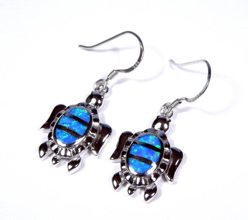 Hochwertige Blaue Feueropal Inlay Echt 925 Sterling Silber Schildkröte Baumeln Ohrringe von 925usa
