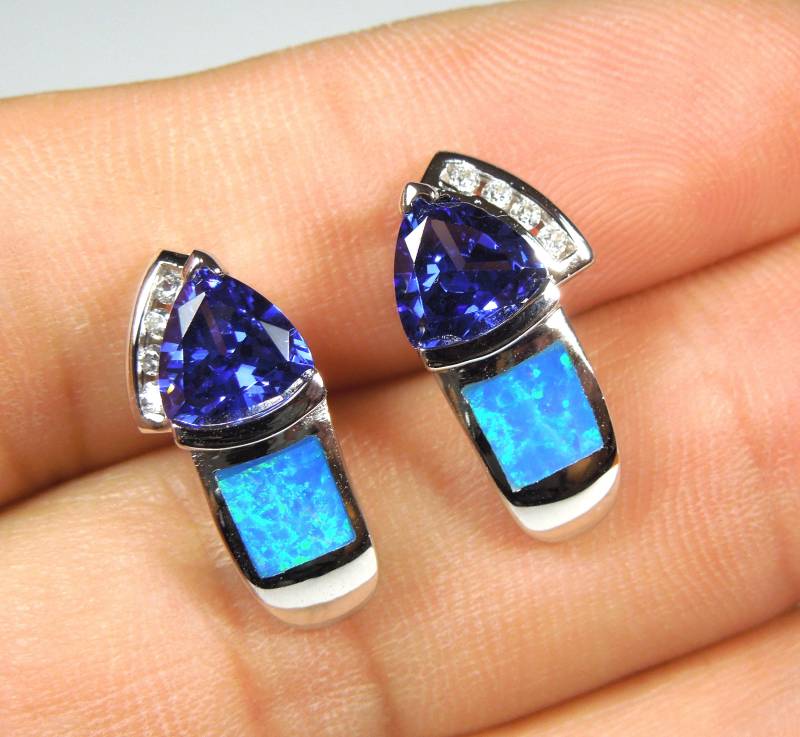 Hochwertige Tansanit & Blauer Feueropal Inlay Echte 925 Sterling Silber Ohrstecker Ohrringe von 925usa