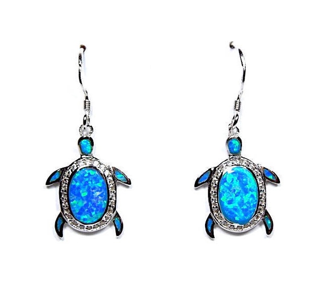 Hochwertiges Blue Fire Opal Inlay Echtes 925 Sterling Silber Schildkröte Baumeln Ohrringe von 925usa