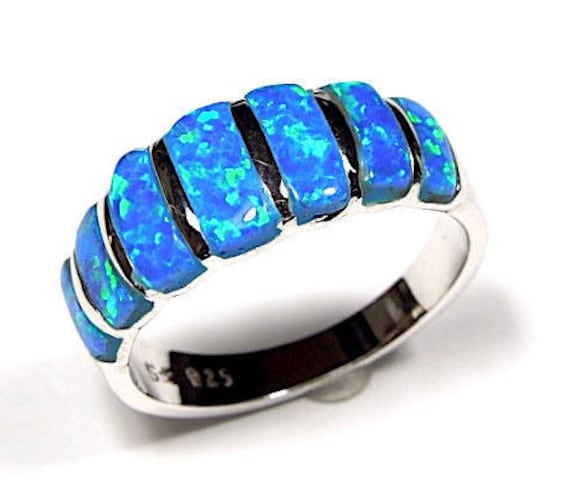 Hohe Qualität Blau Feuer Opal Inlay Echtes 925 Sterling Silber Band Ring Größe 6, 7, 8, 9 von 925usa
