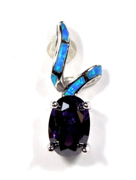 Lila Amethyst & Blau Feueropal Inlay Solid 925 Sterling Silber Anhänger Halskette - Frei 18'' Kette von 925usa