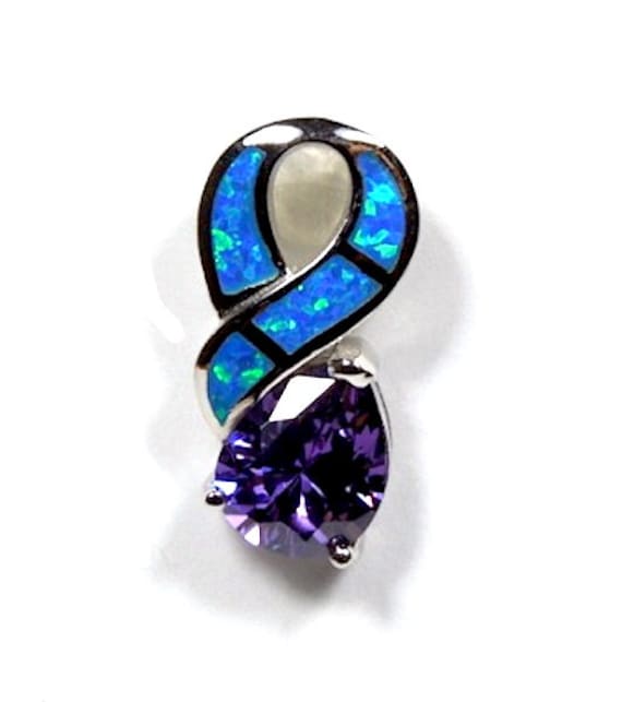 Lila Amethyst & Blauer Feueropal Inlay Massiv 925 Sterling Silber Anhänger Halskette - Kostenlose 18 "' Kette von 925usa