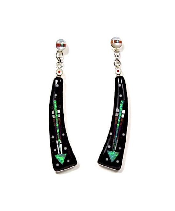 Micro Inlay Multi Farbe, Schwarz Onyx 925 Sterling Silber Post Baumwirrung Ohrringe. 2-1/4'' Lang von 925usa