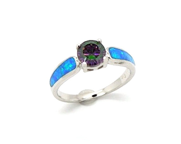 Regenbogen Topas .75 Ct & Blauer Feueropal Inlay 925 Sterling Silber Solitär Verlobungsring Größen 6, 7, 8 von 925usa