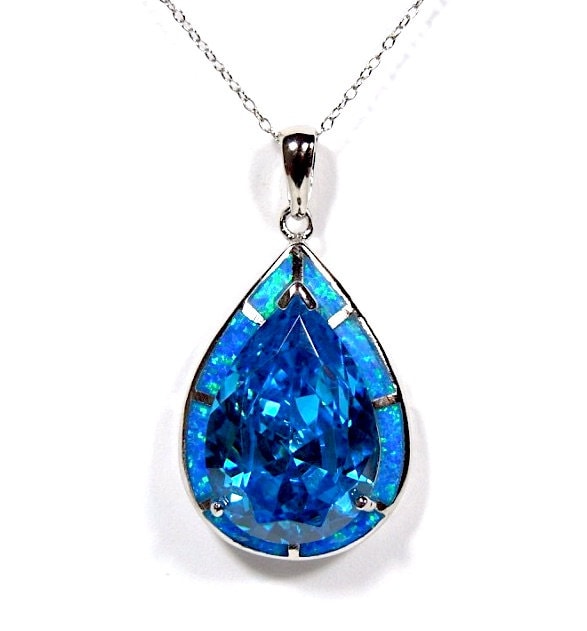 Riesige Blauer Feueropal & Blautopas Inlay 925 Sterling Silber Anhänger Halskette 18 "'. Kostenloser Versand in Usa von 925usa