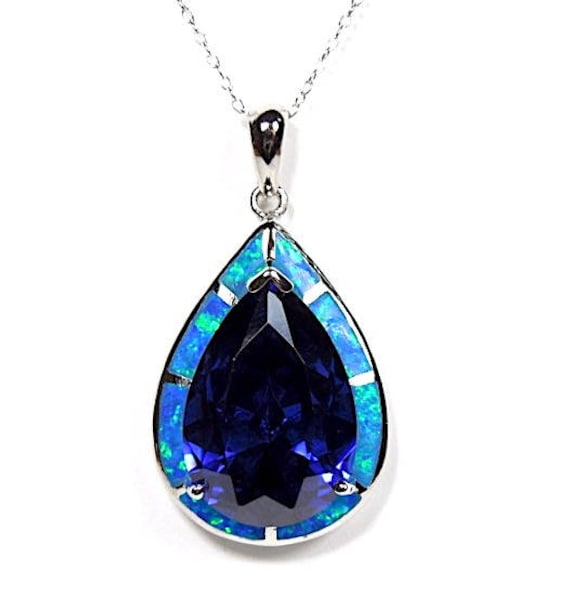 Riesige Blauer Feueropal & Tansanit Inlay 925 Sterling Silber Anhänger Halskette 18 ". Kostenloser Versand in Usa von 925usa