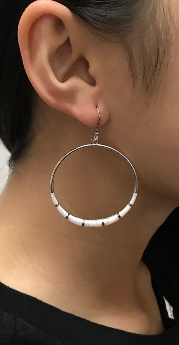 Riesige Weiße Feueropal Inlay 925 Sterling Silber Kreis Ohrringe 1-3/4 "Breit. Kostenloser Versand in Den Usa von 925usa