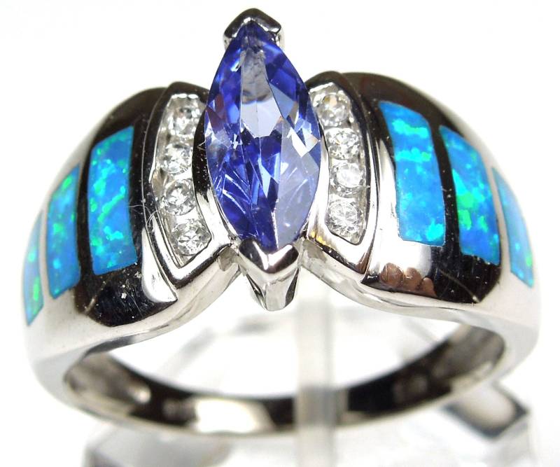 Ring Aus Echtem 925Er-sterlingsilber Mit Marquise-Tansanit - Und Blauem Feueropal-Inlay, Größen 6-9 von 925usa