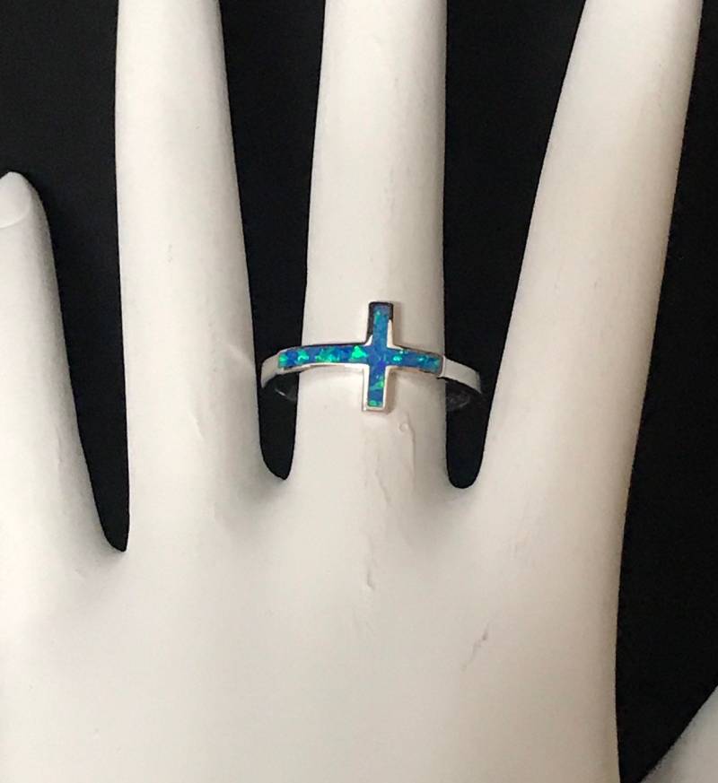 Süßer Blauer Feuer Opal Massiv 925 Sterling Silber Kreuz Ring Größe 6-9. Kostenloser Versand in Usa von 925usa