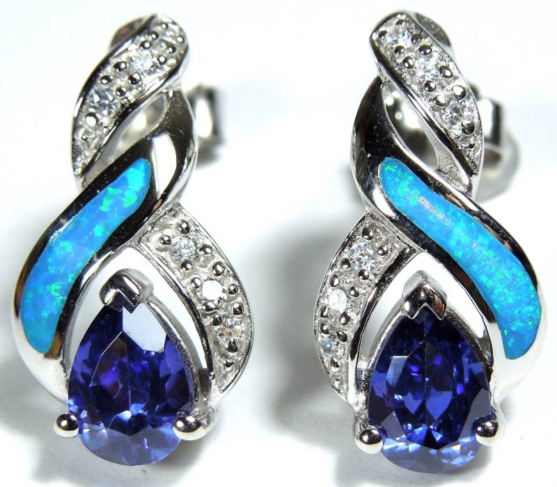 Tansanit & Blau Feueropal Inlay 925 Sterling Silber Ohrstecker von 925usa