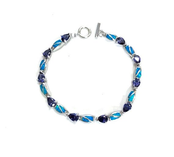 Tansanit & Blauer Feueropal Echt 925 Sterling Silber Link Tennis Armband 7-3/4 "' Lang. Neu Eingetroffen von 925usa