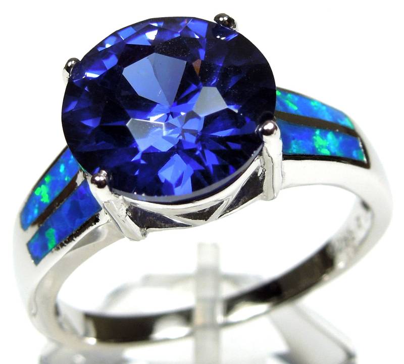 Tansanit & Blauer Feueropal Inlay 925 Sterling Silber Damenring Gr. 6, 7, 8, 9. Kostenloser Versand in Usa von 925usa