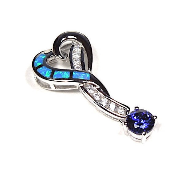 Tansanit & Blauer Feueropal Inlay 925 Sterling Silber Herz Anhänger Halskette von 925usa