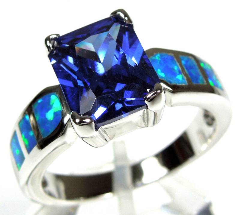 Tansanit & Blauer Feueropal Inlay 925 Sterling Silber Ring Größe 6, 7, 8, 9 von 925usa