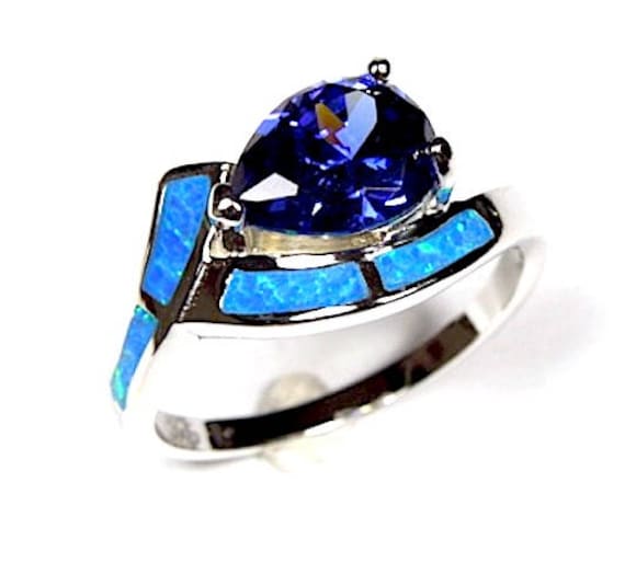 Tansanit & Blauer Feueropal Inlay 925 Sterling Silber Ring Größen 6, 7, 8, 9 von 925usa