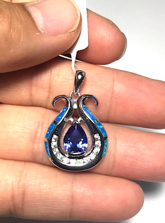 Tansanit & Blauer Feueropal Inlay Massiv 925 Sterling Silber Anhänger Für Halskette von 925usa