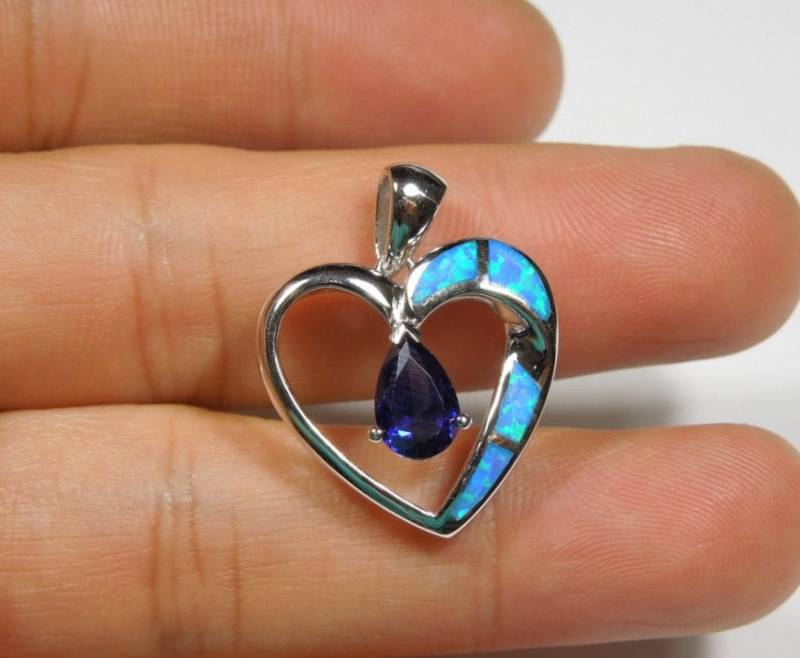 Tanzanit & Blau Feueropal Inlay Solid 925 Sterling Silber Herz Anhänger Halskette - Frei 18'' Kette von 925usa