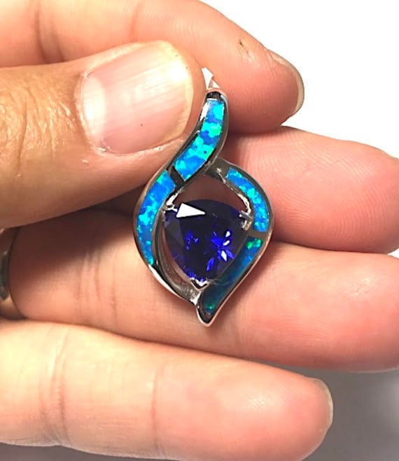 Trillion Cut Tansanit & Blauer Feueropal Inlay Massiv 925 Sterling Silber Anhänger Für Halskette von 925usa