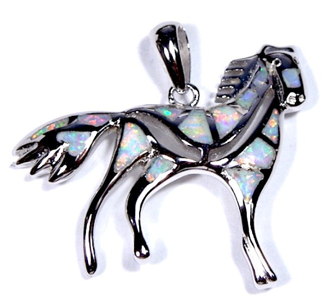 Weiß Feueropal Inlay Echte 925 Sterling Silber Pferd Anhänger Halskette von 925usa