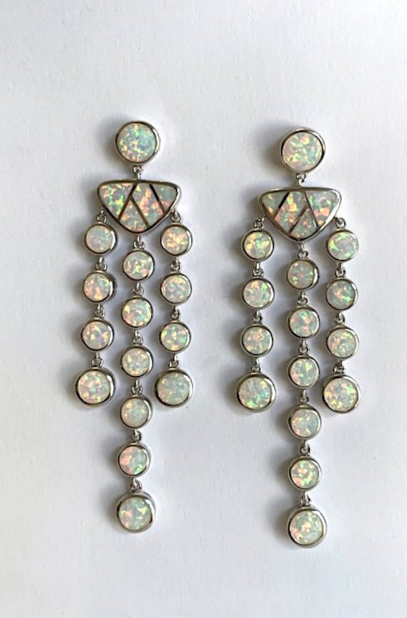 Weißer Feueropal Inlay 925 Sterling Silber Chandelier Ohrringe 3 "' Lang. Kostenloser Versand in Den Usa von 925usa