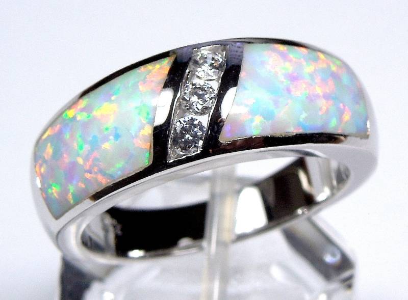 Weißer Feueropal Inlay 925 Sterling Silber Herren Bandring von 925usa