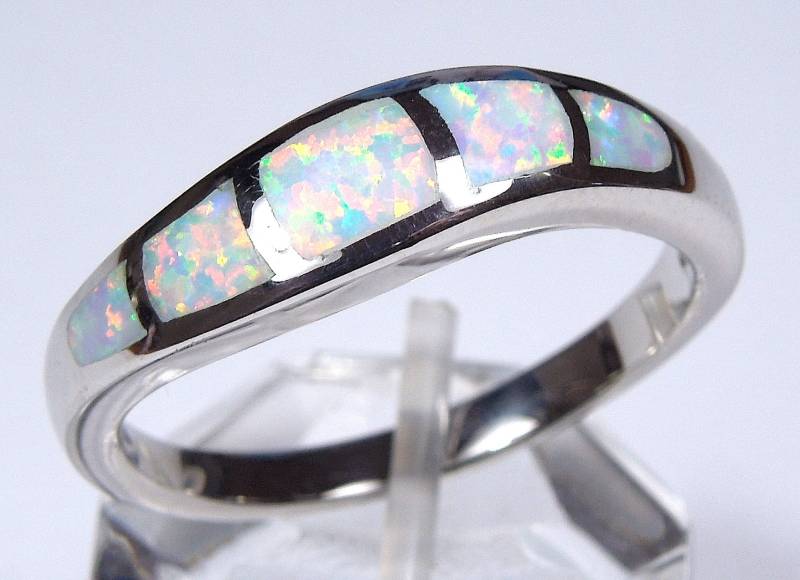 Weißer Feueropal Inlay 925 Sterling Silber Männer, Frau Ring Größe 6-13 von 925usa