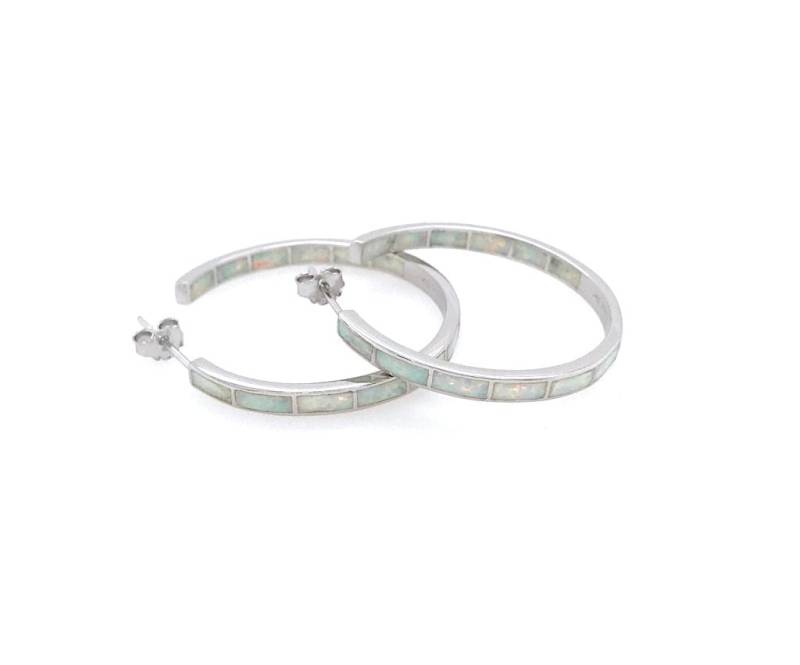 Weißer Feueropal Inlay Creolen Ohrringe 1-1/4'' Breit 31 Mm, 925 Sterling Silber von 925usa