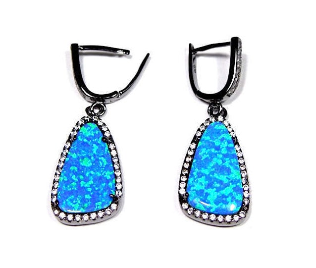 Weißer Topas & Blauer Feueropal Massiv 925 Sterling Silber Schwarz Rhodium Ohrringe von 925usa