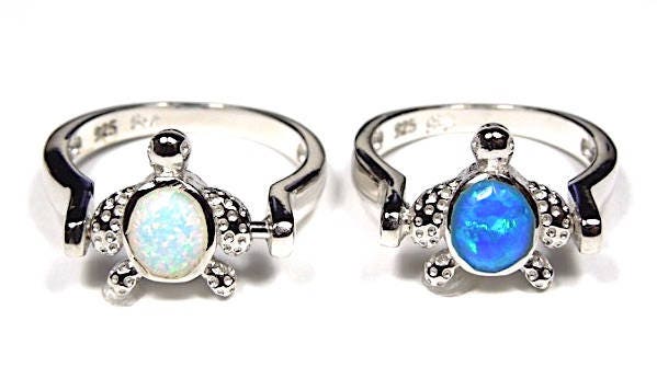 Wendbarer Blau-Weißer Feueropal 925 Sterling Silber Schildkröten Ring Größe 6 - 9 von 925usa