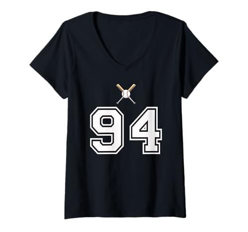 Damen 94 Nummer Baseball Style Vintage Weiß T-Shirt mit V-Ausschnitt Damen 94 Nummer Baseball Style Vintage Weiß T-Shirt mit V-Ausschnitt von 94 Nummer Baseball Style Weiß