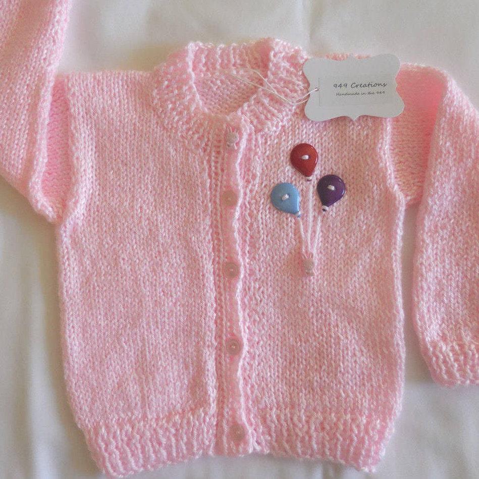 Handgestrickte Rosa Baby Pullover Strickjacke Mit Häschen Und Drei Luftballons Stirnband Schleife Wassermelone 6-12 M von 949creations