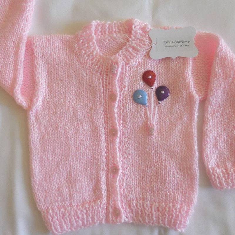 Handgestrickte Rosa Baby Pullover Strickjacke Mit Häschen Und Drei Luftballons Stirnband Schleife Wassermelone 6-12 M von 949creations