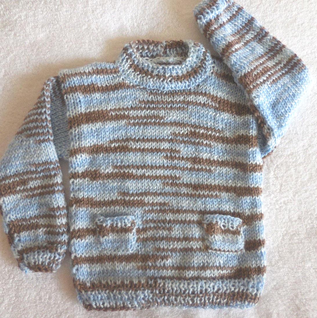 Handgestrickter Baby Pullover in Blau Und Braun Meliert Mit 2 Kleinen Taschen 18 - 24 cm von 949creations