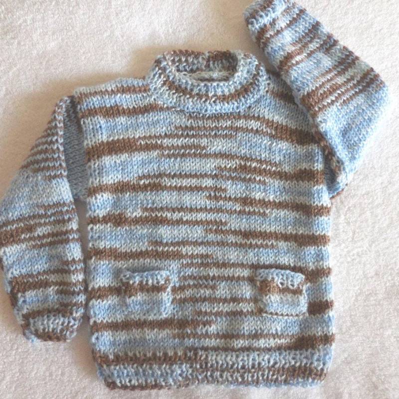Handgestrickter Baby Pullover in Blau Und Braun Meliert Mit 2 Kleinen Taschen 18 - 24 cm von 949creations