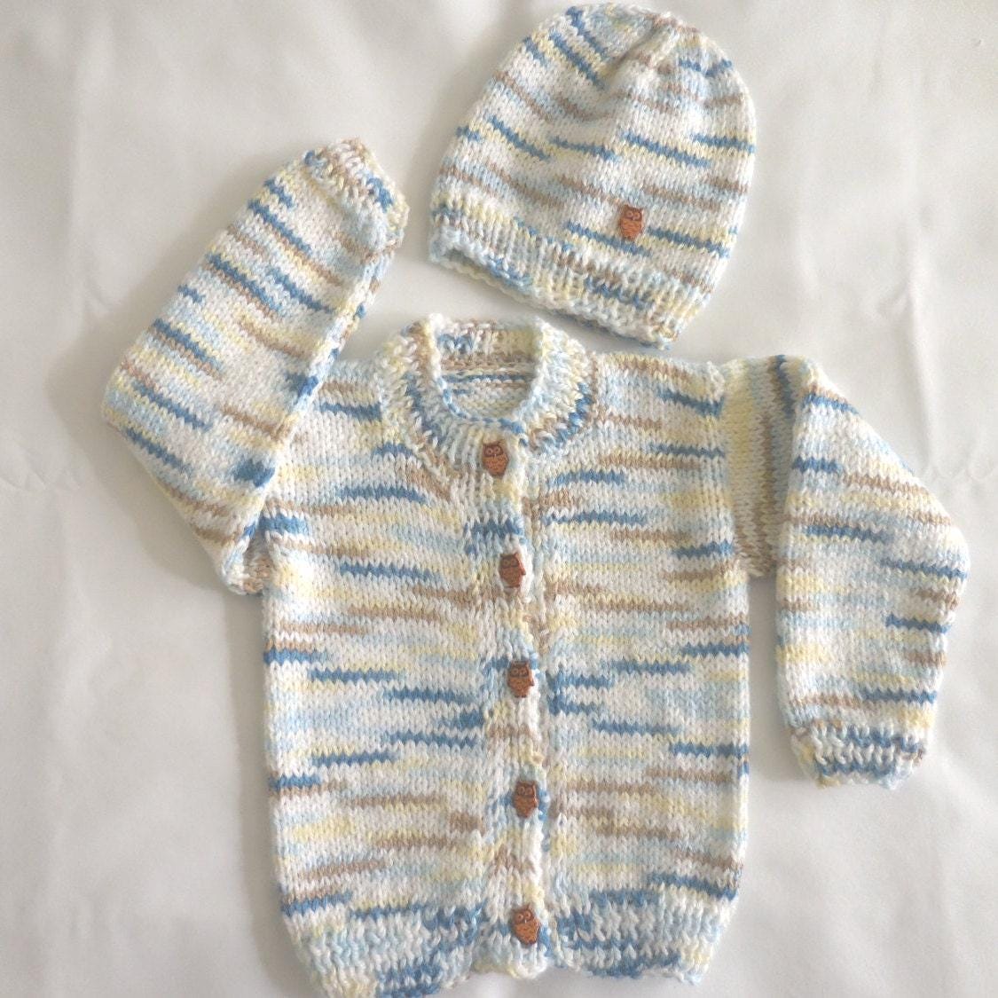 Handgestricktes Baby Pullover Und Mütze Set in Blau, Gelb, Weiss, Marine Beige Mit Eulen Knöpfen 3 - 12 M von 949creations