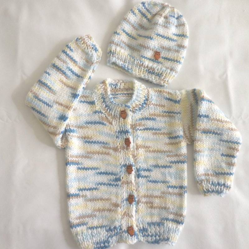 Handgestricktes Baby Pullover Und Mütze Set in Blau, Gelb, Weiss, Marine Beige Mit Eulen Knöpfen 3 - 12 M von 949creations