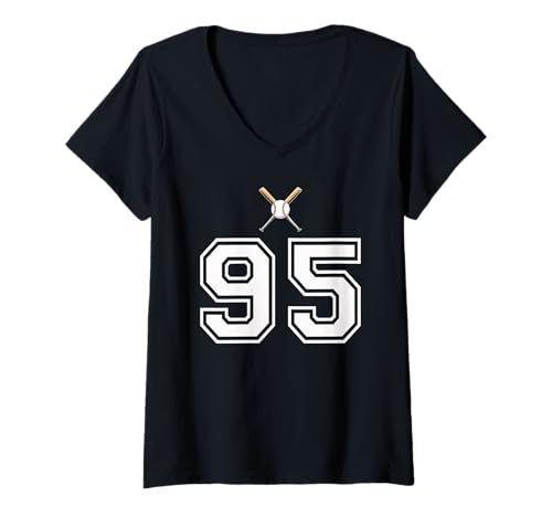 Damen 95 Nummer Baseball Style Vintage Weiß T-Shirt mit V-Ausschnitt von 95 Nummer Baseball Style Weiß