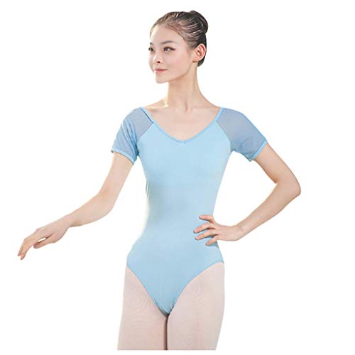 95 Damen und Mädchen Kurzarm Trikots für Balletttanz Gymnastik Yoga Body Ballett Trikot Woemn Turnanzug Rückenfrei Gymnastikanzug Mesh Tanzbody Tanztrikot Gymnastikanzug (Hellblau, S) von 95