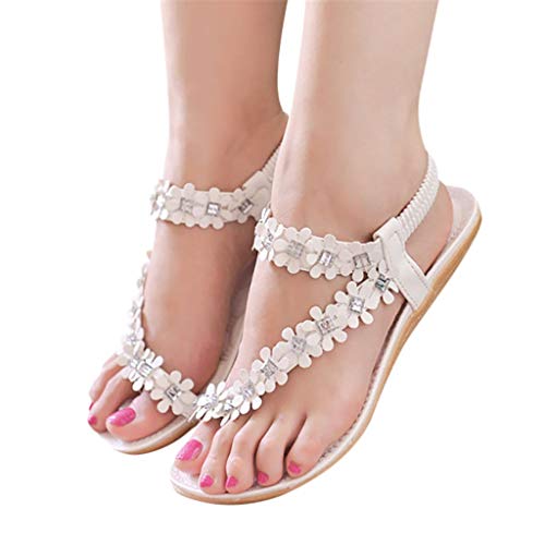 95 Sandalen Damen Sommer, Women Bohemian Blume Flach Sandaletten Sommer Strand Schuhe Freizeit Urlaub Sommerschuhe Zehentrenner Sandalen Mädchen Mode Riemchensandalen (Weiß, 36) von 95